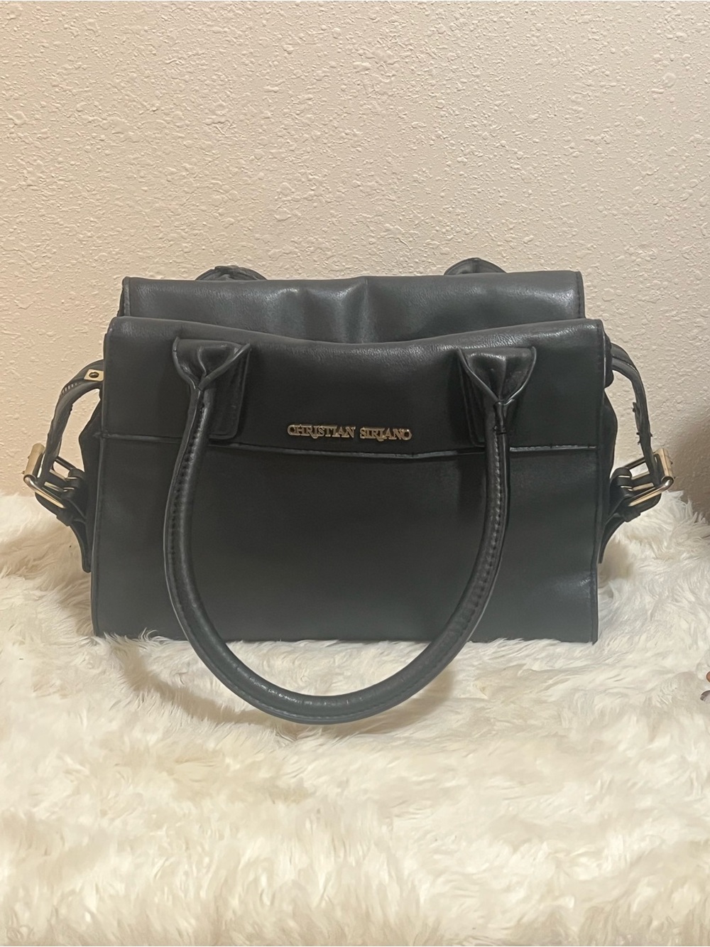 Christian Siriano Black Leather Satchel with Gold Accents
